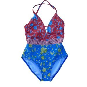 Lands End One Piece Swimsuit Womens 8 Blue Orange Floral EUC V-Neck Colorblock
